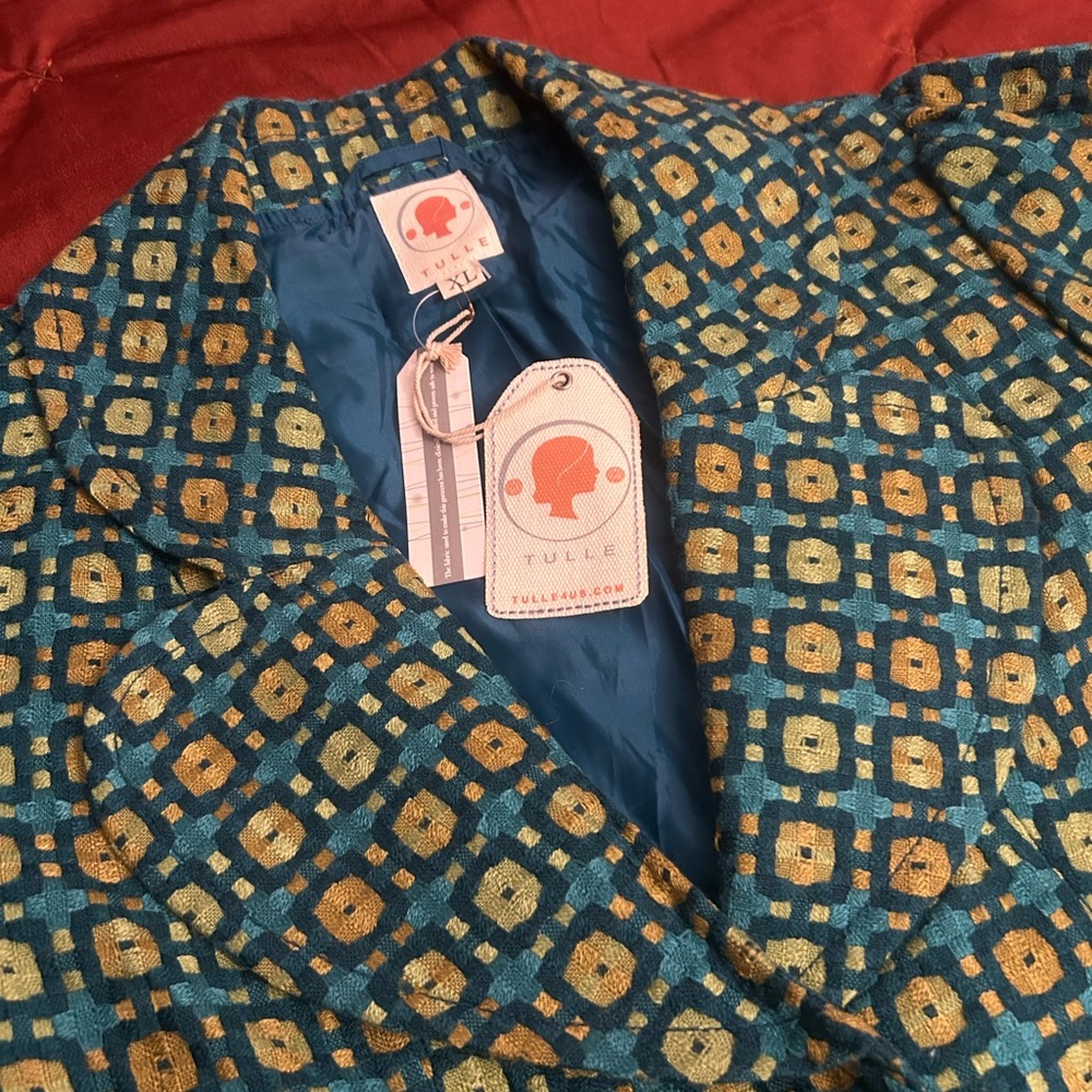NWT Tulle Anthropologie Coat Dress in Geometric Green, Blue & Yellow Size XL - Picture 3 of 11